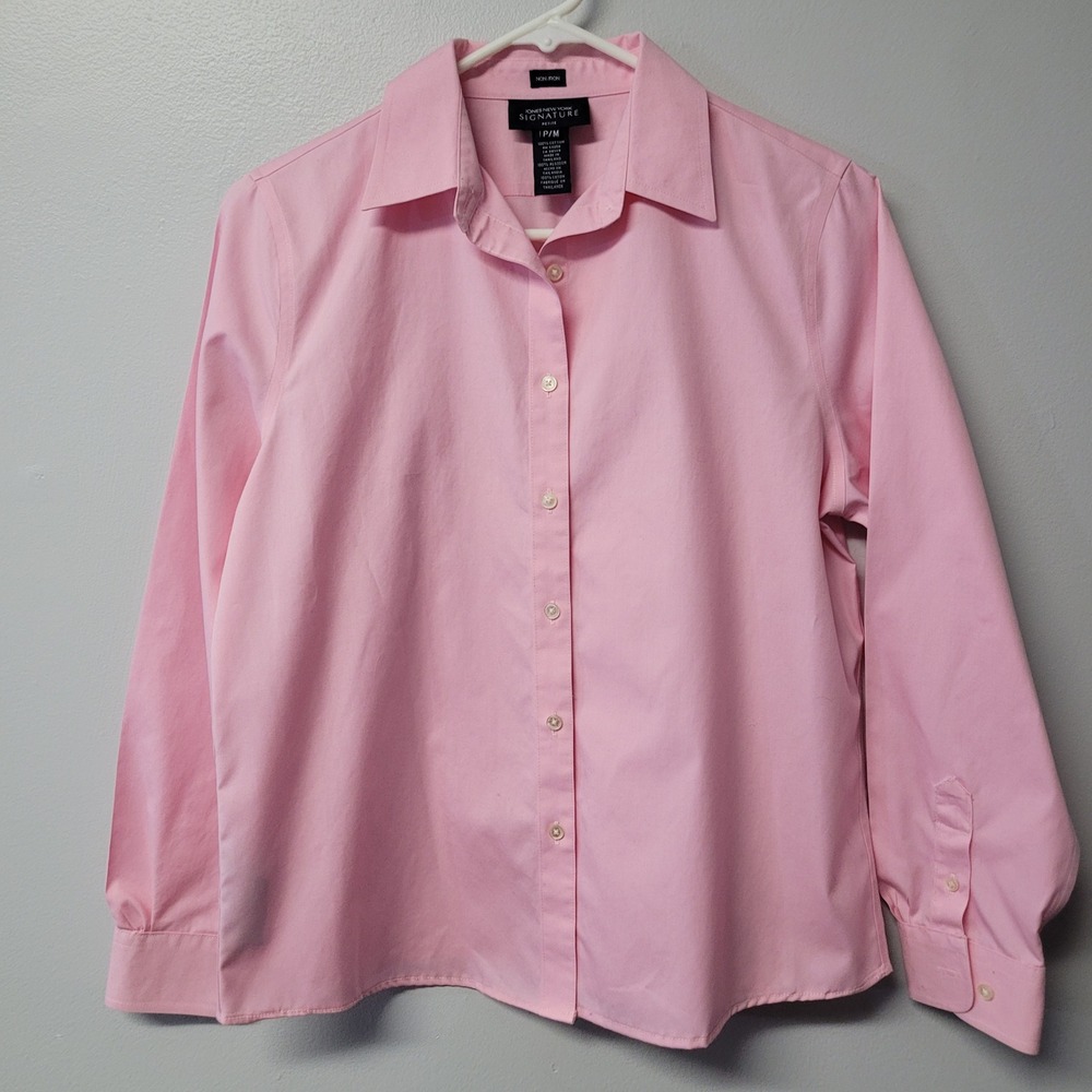Jones New York Signature Pink Non-Iron Cotton Button Up Shirt Petite Medium